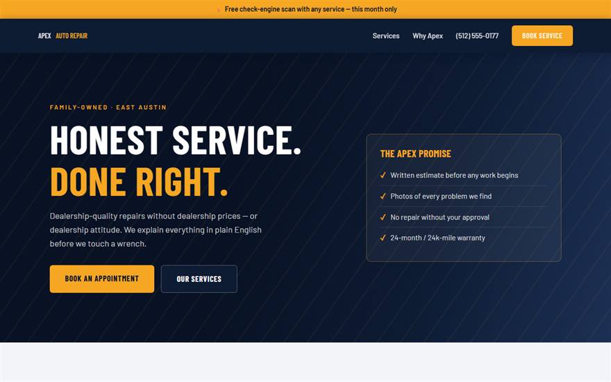 Apex Auto Repair — example auto shop website by ATX Site Pro